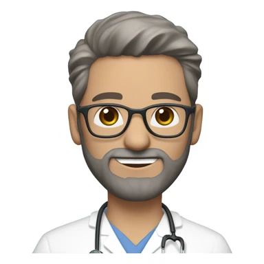 male dark blond haired doctor in scrub cap with grey van dyke beard with hazel eyes and small wire-rimmed glasses in blue scrubs holding a large paintbrush sticker