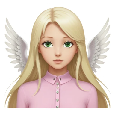 Blonde girl (from the chest up), green eyes, and light skin. Gazing forward. Long, straight hair. Thin lips. A light pink, long-sleeved, tight-fitting knit blouse buttoned in the front with small white buttons, some are undone. White wings protruding from her back, like an angel's. Doe eyes. sticker