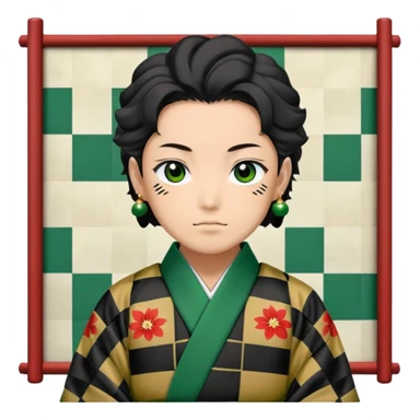 Tanjiro Kamado from Demon Slayer with black and green checkered haori and hanafuda earrings sticker
