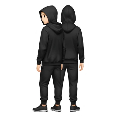 fullbody Mysterious shy caucasian man in black hoodie on head, hands in pockets and black pants rear backview sticker