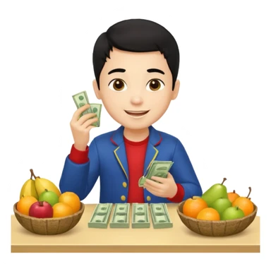 chico piel clara pelo negro con ropa de frutero sentado en una mesa contando mucho dinero sticker