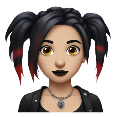 goth girl with red & black skunk stripe hair, a black septum ring, and a nose piercing sticker