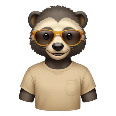 friendly anthropomorphised honey badger head and neck wearing sunglasses, top of t-shirt visible sticker