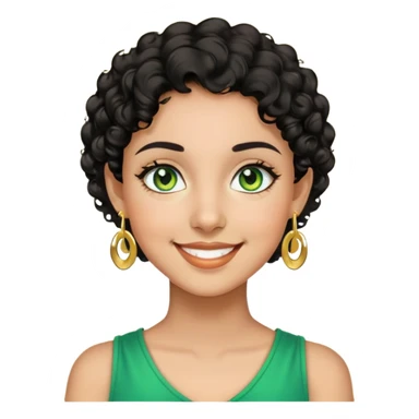 Girl showing happiness, medium skin tone, short curly black hair, gold earrings, green eyes sticker