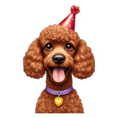 red poodle with a birthday party head sticker