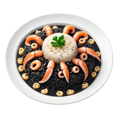 cinematic-realistic-black-risotto-dish-emoji,-showcasing-small squid pieces-rendered-with-bold-textures-and-dynamic,-dramatic-lighting. sticker