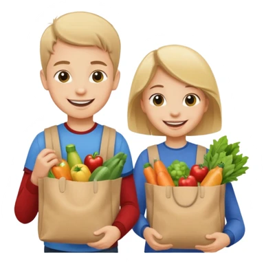 caucasian kids putting groceries in bags smiling sticker