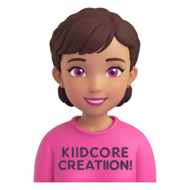 Lightskin girl with a pixie cut
pink blouse
hazel eyes
expression is smiling
Add the word Kidcore Creationz in Pink sticker