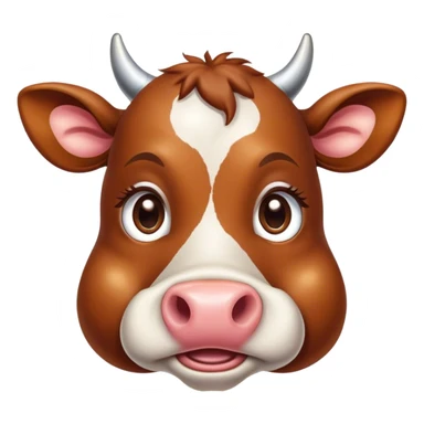 Cinematic Cute Brown Cow Portrait Emoji, Head tilted playfully and inquisitively, featuring a glossy, rich brown hide with a natural sheen, round, sparkling brown eyes filled with gentle curiosity, Simplified yet irresistibly adorable features, highly detailed, glowing with a warm, friendly glow, high shine, affectionate and serene, stylized with a touch of country charm, bright and endearing, soft glowing outline, capturing the essence of a mischievous yet loving cow, so playful it feels like it could moo out of the screen and into your arms! sticker