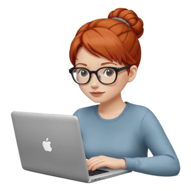 hair in a bun redhead female with glasses focused on a laptop sticker