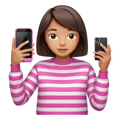 Emoji of a cute 3D girl with short dark brown bob hairstyle, wearing a pink and white striped sweatshirt. She is holding a phone and taking a selfie, white background.

 sticker