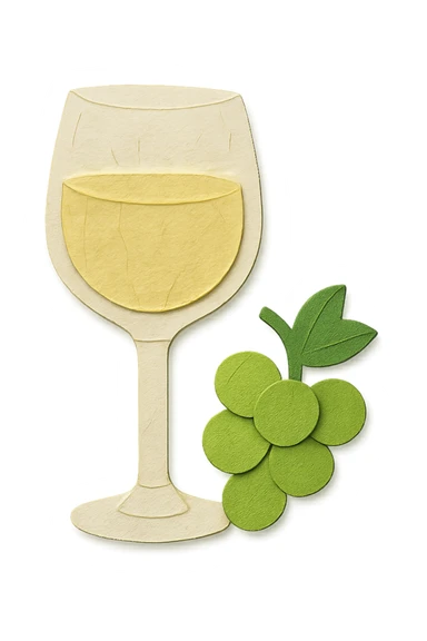 white wine icon, paper craft style, light yellow wine glass with light green grapes beside it, no background sticker