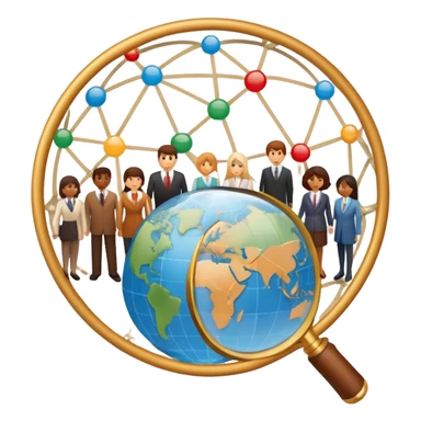 An icon featuring a group of people, a network diagram, and a magnifying glass, symbolizing sociology. The design includes a globe and interconnected lines, representing social structures and relationships. Transparent background highlights the study of societies and human behavior. sticker