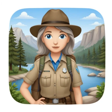 white woman park ranger with blue eyes, brown and gray hair, wearing a backpack, standing in a nature background sticker