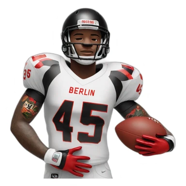 male black football player with tattoo on left arm. White jersey with number 45 and lettering Berlin above the number. white longsleeve on right arm and two red gloves sticker