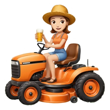 White woman with brown hair, without glasses wearing a straw hat, on old orange ride on lawn mower, holding a beer with one hand and holding the steering wheel with the other hand. Woman is smiling. Lawn mower has “Westwood” written on the engine cover sticker