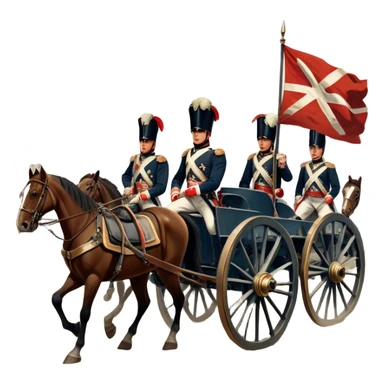 A vintage movie poster-style design depicting a dramatic Napoleonic War scene. Include soldiers in period uniforms, cannons, and a battlefield with flags and horses. The background should evoke a sense of battle and history, with old-fashioned cinematic flair. Transparent background. sticker