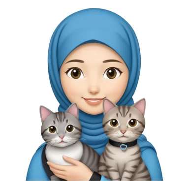 Asian White girl wearing hijab holding a black grey tabby cat while smiling. The cat is wearing a blue collar sticker