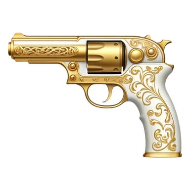 an artistic handcannon gun, short but deadly, all white with golden decoration, unique shape sticker