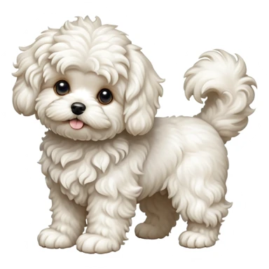detailed-[curly haired maltese-dog]-realistic-full-body-sitting-emoji,-tail-resting-loosely-beside-its-paws,-head-tilted-dramatically,--wavy-[cream-white]-fur,-simplified-yet-realistic-focused-features,-highly-detailed,-glowing-with-an-almost-sarcastic sticker