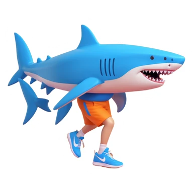 realistic shark with human legs wearing blue Nike sneakers, 3D style sticker