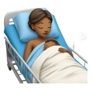 A pregnant woman resting on a hospital bed, holding her newborn baby wrapped snugly in a blue swaddle blanket.






 sticker