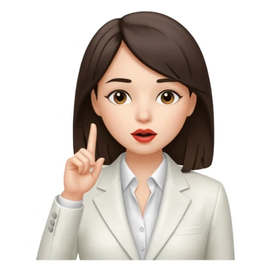 brunette girl wearing a white suit, with straight hair, making a "be quiet" gesture sticker