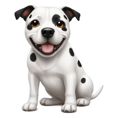 staffy dog with black ears, white face and has spots on his mane. it has its tongue poking out and is enjoying life  sticker