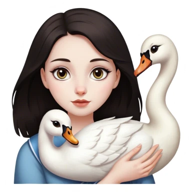 Girl who looks like Lana del Rey with dark hair, dark brown cat eyes, pale skin, with jewish nose, holding a swan sticker