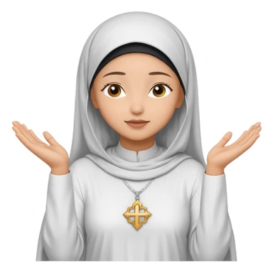 Light skin Muslim woman in plain white abaya side profile praying on silver prayer mat  holding up hands to god sticker