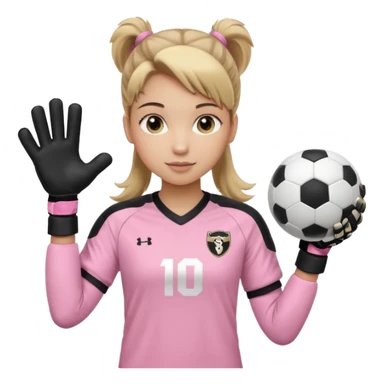 Make a dirty blonde football goalkeeper with goalkeeper gloves on holding a regular  The girl is light skinned and wearing a light pink football. Wearing a ponytail on back of head. Make it without the whole body. With full sleeves. WITHOUT A RUGBY BALL JUST REGULAR BLACK AND WHITE BALL. sticker