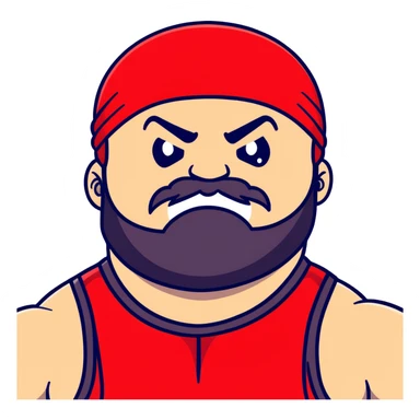 Close-up of very fat white skin guy with young face, beard and mustache, no muscle with prominent black durag, black eyes in a red and black wrestling singlet with angry face sticker