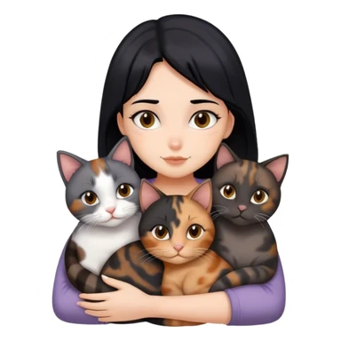 girl with black hair hugging three cats  (tortie cat, full gray cat, brown calico cat) sticker