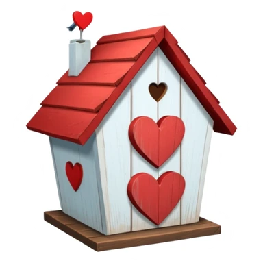 a birdhouse with a red roof with the rest white and a heart at the top but below the roof sticker