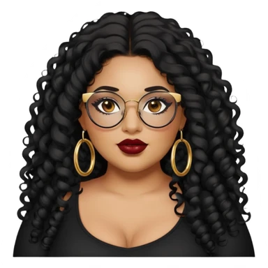big plus size, latina, darker tan skin, gold hoops, long black curly hair, baddie,pretty, makeup, dark red lipgloss, black eyeliner, long hair, black top, black glasses sticker