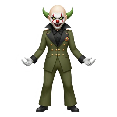 evil clown, bald, short black devil horns on forehead, fangs, pointed ears, black and military green leisure suit with bellbottom pants, realistically proportioned, less bulky, full body, battle-ready, fighting posture sticker