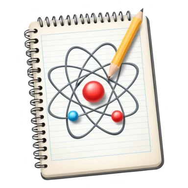 open notebook with an atom symbol on the page sticker