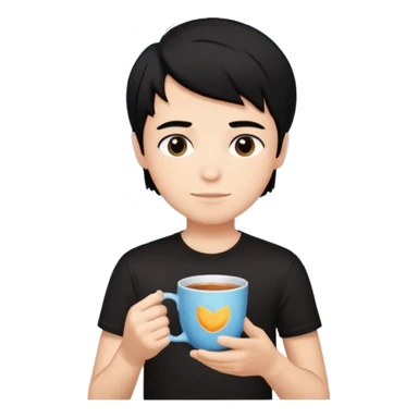 The boy teen have a black hair, and black T-shirt with a cup of tea. Sky blue background  sticker