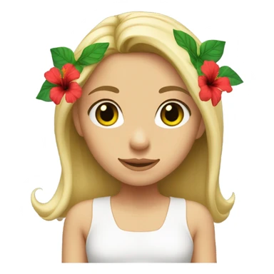 Blonde haired girl with green eyes one red hibiscus flower in her hair wearing a white top sticker