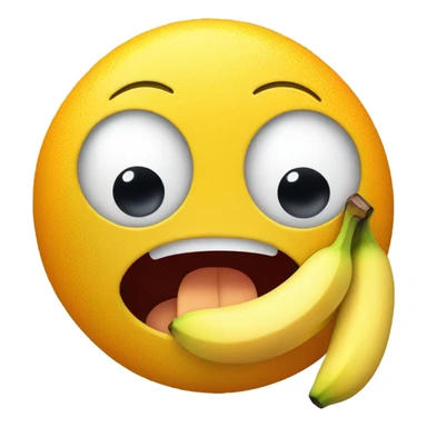 Emoji yellow face eating a banana with mouth and eyes open and two small oranges just under the banana sticker