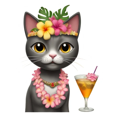 Cat with Hawaiian skirt drinking a martini with a flower crown and a shell bra sticker