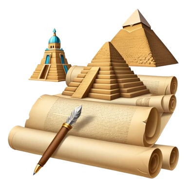 An icon showing a rolled parchment scroll, a quill pen, and ancient landmarks like pyramids and columns in the background. The design symbolizes the study of past civilizations, events, and heritage. Transparent background emphasizes the timeless exploration of human history. sticker
