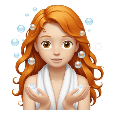 Ginger girl in towel shower washing long hair up in hands soapy bubbles sticker