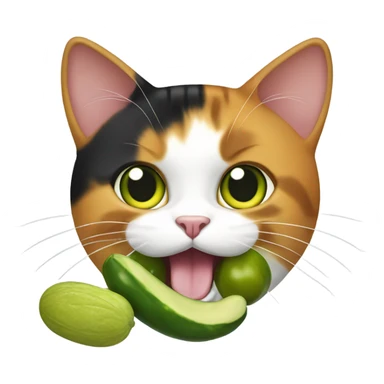 Calico cat holding a pickle in its mouth sticker