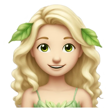 Blonde fairy girl, wearing beautiful leaf dress, very light and whimsical colours, smiling gently with green eyes and soft caucasian skin and pink lips, smiling sticker