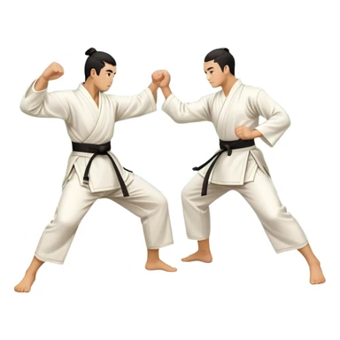 Two martial artists in traditional Wushu attire, performing elegant, fluid moves. One executes a high spinning kick while the other strikes with a precise fist. The background shows a peaceful, scenic landscape with mountains and bamboo trees, symbolizing the balance of power and grace in Wushu.  sticker