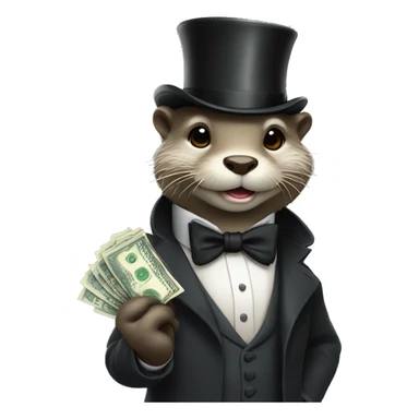 Anthropomorphic otter wearing suit and top hat holding money sticker