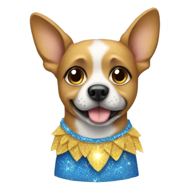 Dog wearing a yellow and blue sparkly skirt with wings sticker