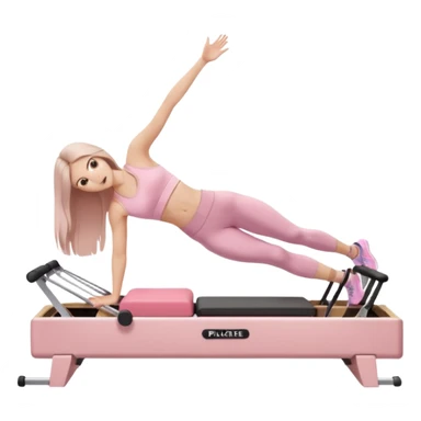 pretty white brunette teen long hair with hazel eyes and a small waist in light pink workout clothes in a plank on a pilates reformer sticker