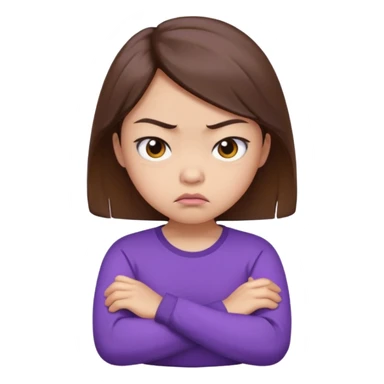 Angry Pouty girl with small asian eyes folding arms in a purple longsleeve shirt she has fair skin and brown hair sticker